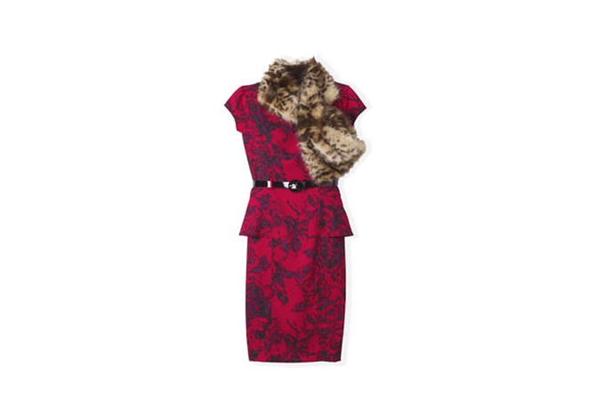 red peplum dress and faux fur scarf