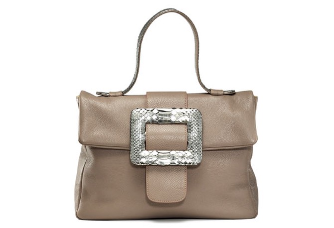 taupe bag with silver buckle
