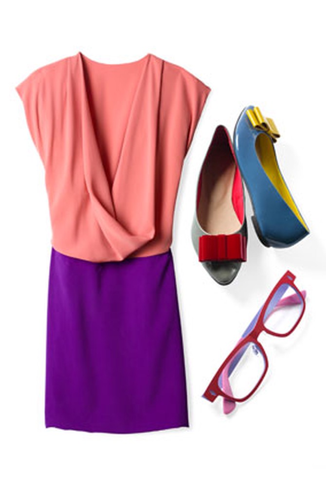 Colorful dress, shoes, glasses.