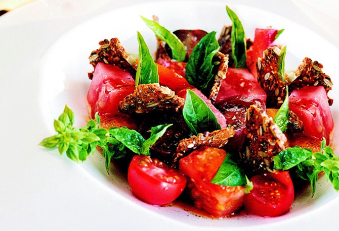 Heirloom Tomatoes with Gin, Juniper, Basil and Black Bread Recipe