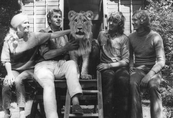 Virginia, Bill, Christian the lion, John and Ace outside the caravan in Surrey