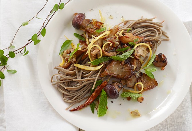 Buckwheat Soba Noodles with Sauteed Mushrooms, Shallots and Mint