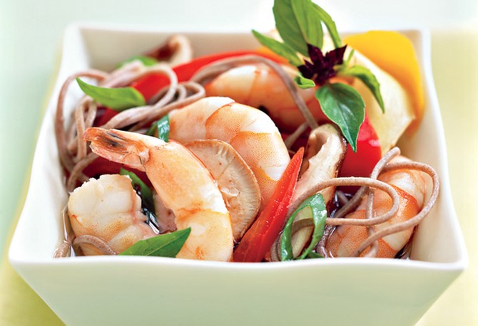Basil-Steamed Shrimp over Buckwheat Soba Noodles