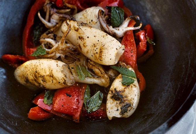 Grilled Calamari with Minted Red Pepper