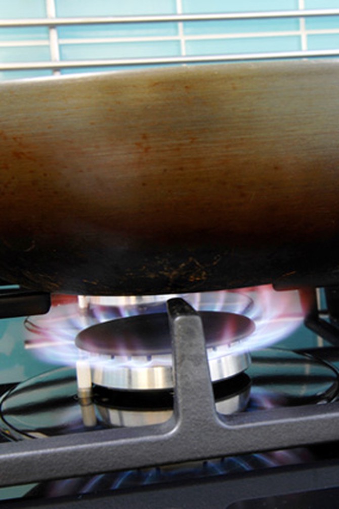 Frying pan on a lit burner
