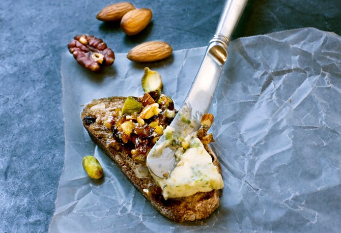 Blue Cheese and Triple-Cream Terrine with Walnut Bread and Honey-Nut Sauce