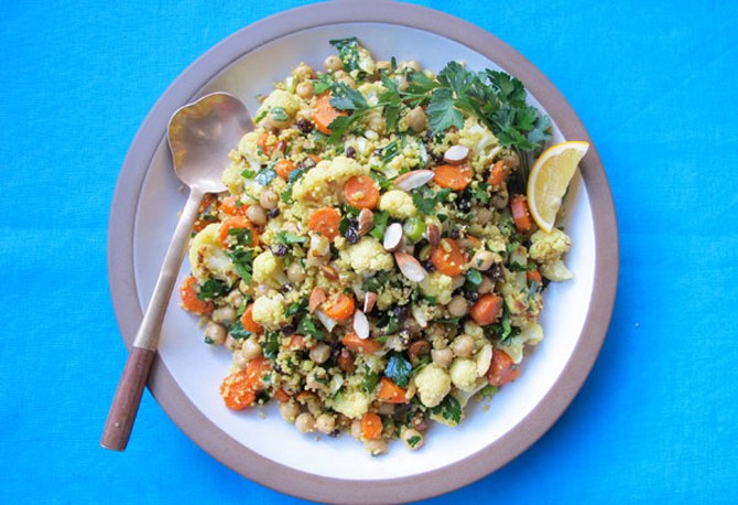 Moroccan-Spiced Roasted Cauliflower and Carrot Salad with Chickpeas and Couscous