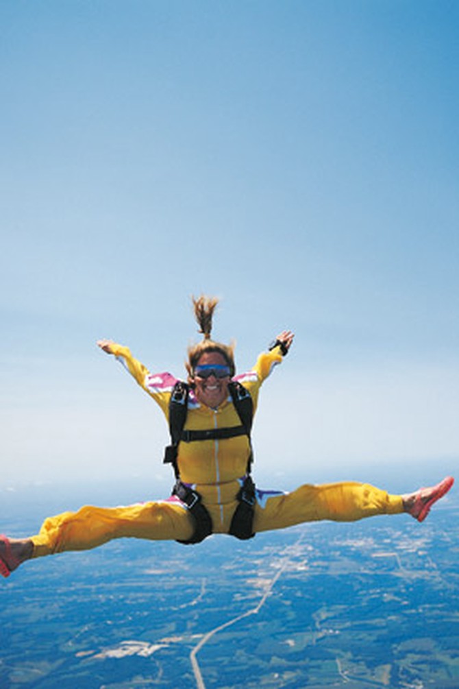 Woman doing stunts while skydiving