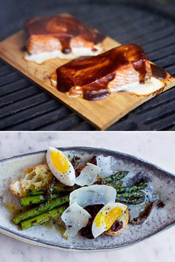 Wood Plank Salmon and Grilled Asparagus
