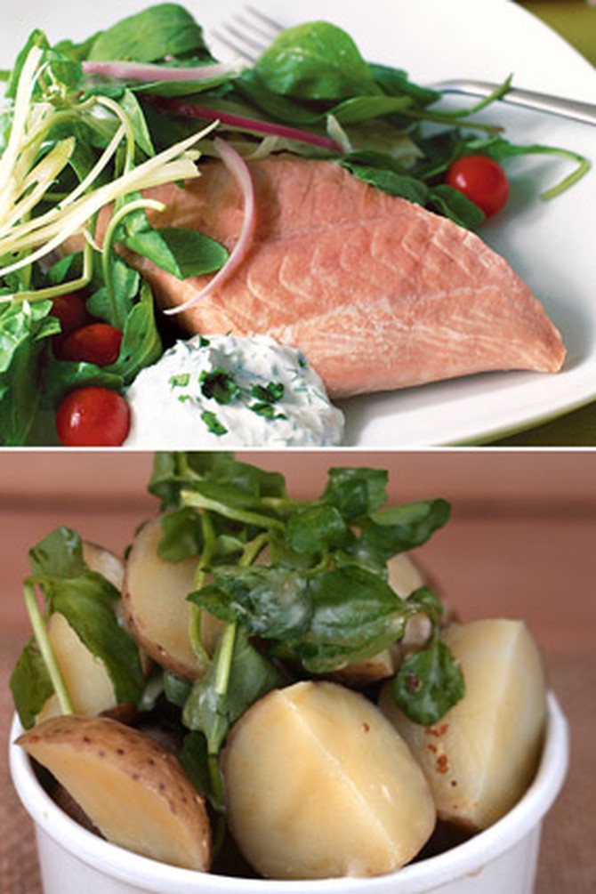 Poached Salmon with Dill Sour Cream and Potato and Watercress Salad with Mustard Dressing