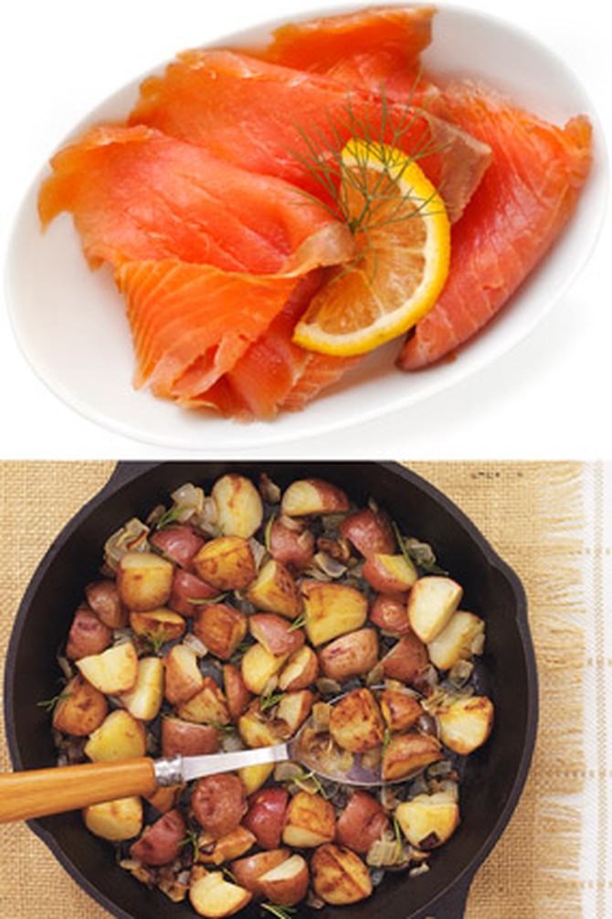 Smoked salmon and Cast Iron-Roasted Potatoes with Rosemary and Onion