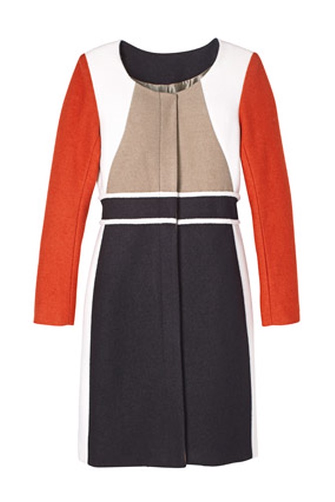 Red, black and beige graphic coat
