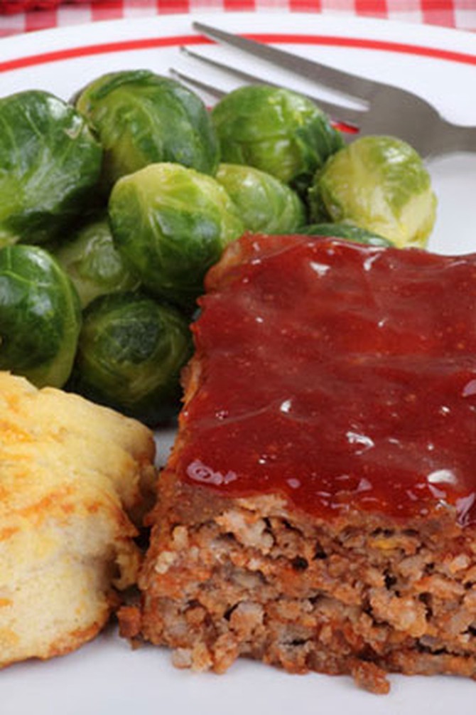 Meatloaf, biscuit and Brussels sprouts