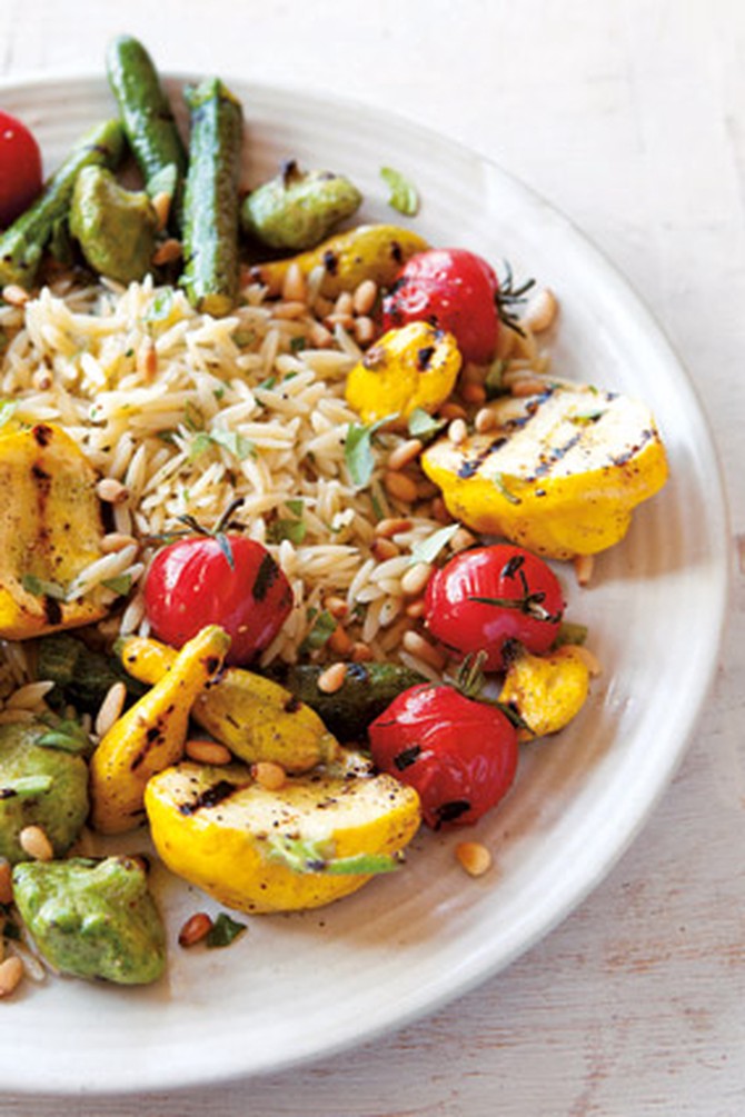 Grilled Squash and Orzo Salad with Pine Nuts and Mint