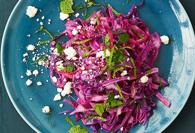 red cabbage with feta and mint
