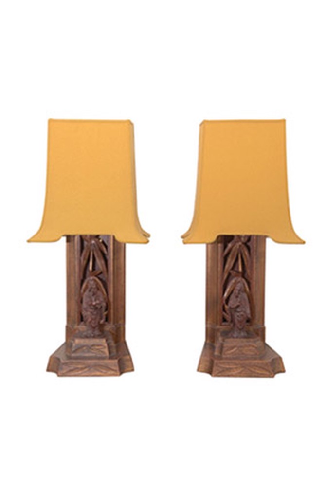 Pair of carved bamboo and figurine lamps by James Mont