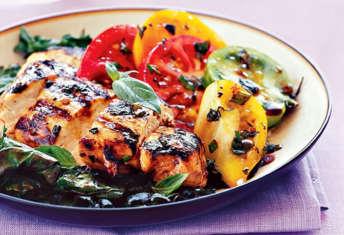 Basil Chicken with Grilled Kale and Heirloom Tomatoes