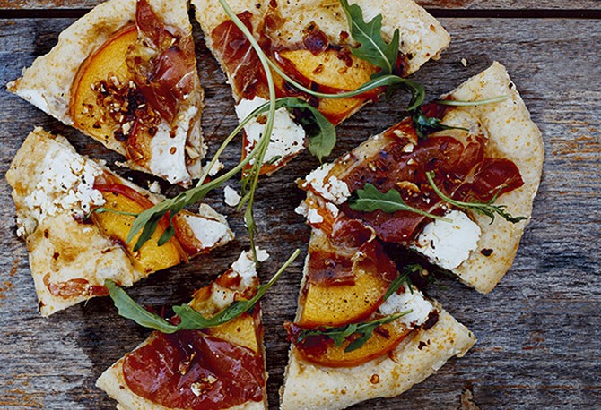 Grilled Cornmeal Flatbreads with Peaches, Serrano Ham and Spicy Greens