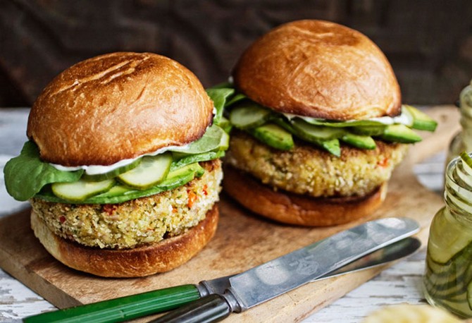Tuna Burgers with Wasabi Mayo and Quick Cucumber Pickle