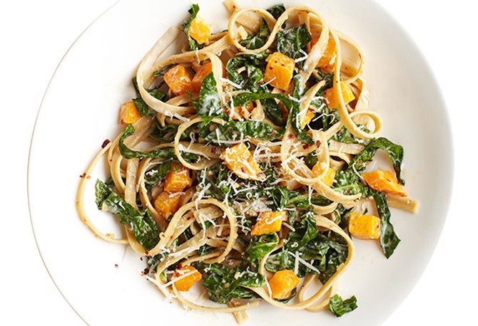 Fettuccine Carbonara with Squash and Kale