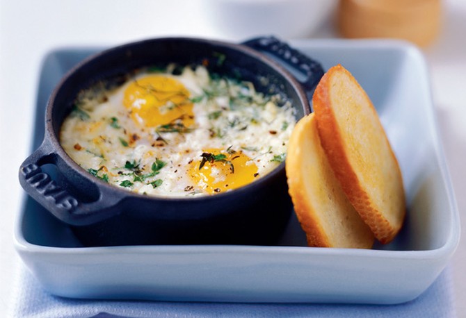 Baked Eggs with Fresh Herbs and Goat Cheese brunch recipe