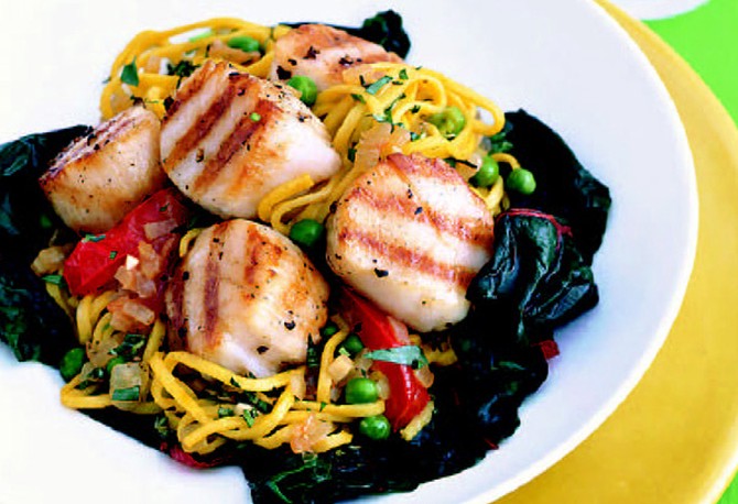Grilled Sea Scallops with Saffron Spaghetti, Vegetables and Fresh Herbs