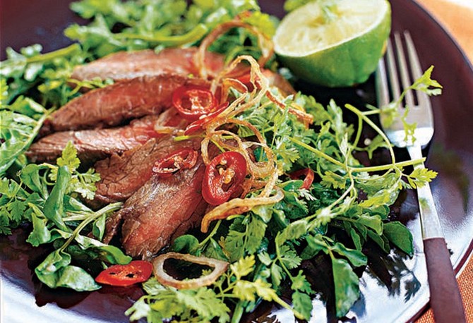 Grilled Skirt Steak Salad with Watercress, Chervil, Lime, Crispy Shallots and Chilies