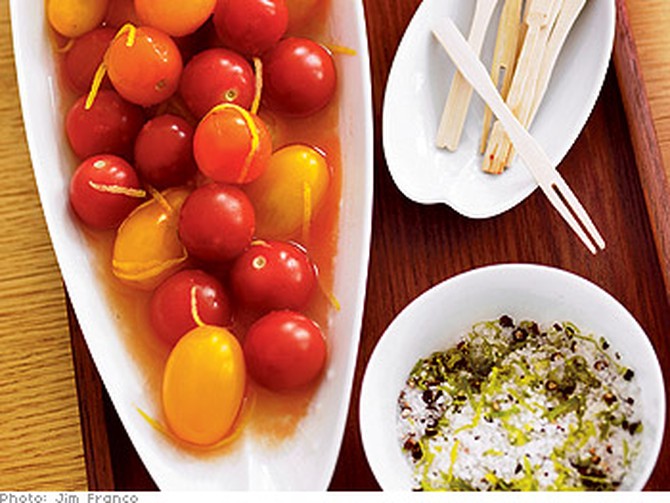 Tequila-Bloody Mary Cherry Tomatoes with Margarita Dipping Salt
