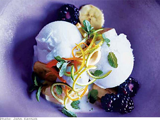 Bananas in Lime Juice with Coconut Sorbet and Berries