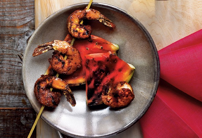 Spicy Skewered Shrimp with Grilled Watermelon