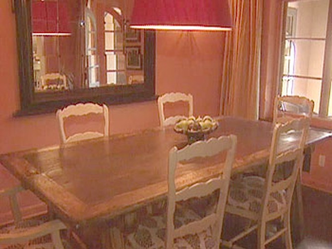 Actress Marg Helgenberger dines in a pumpkin dining room.