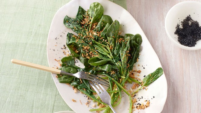 Wilted Spinach with Golden Sesame-Garlic Crumbs