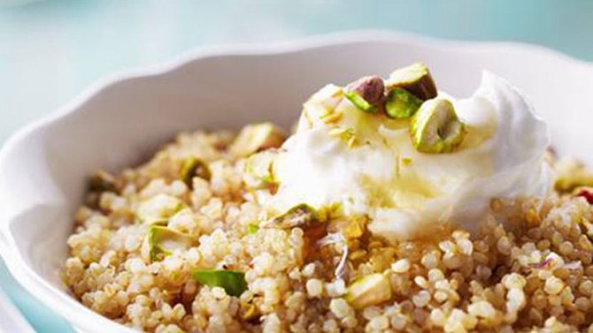Hot Pistachio Cereal with Greek Yogurt and Honey