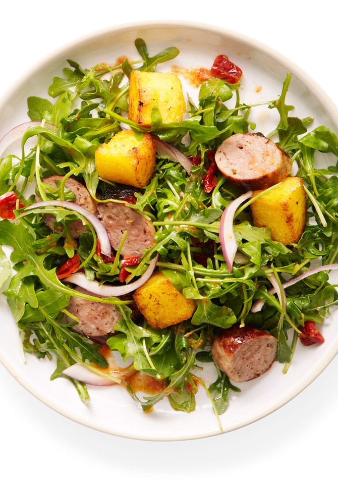 Arugula Salad with Sun-Dried Tomatoes and Polenta Croutons