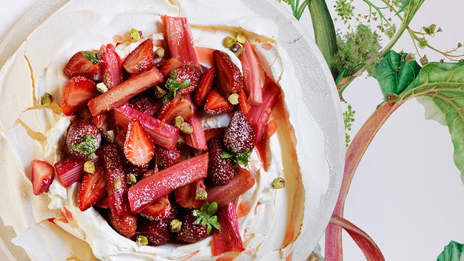 Pavlova with Rhubarb, Strawberries and Fresh Cream