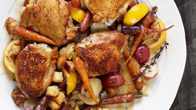 Lemon-Scented Chicken Thighs with Crispy Croutons and Carrots