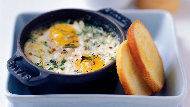 Baked Eggs with Fresh Herbs and Goat Cheese