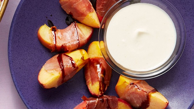 Country Ham-Wrapped Peaches with Goat Cheese Sauce