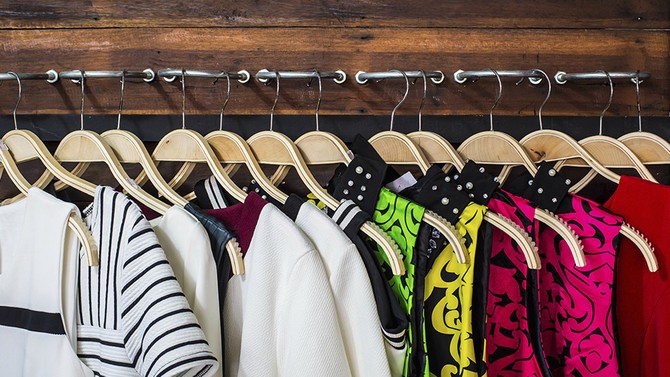 Clothing hanging in a closet