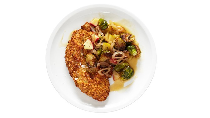 Almond-Crusted Pork Chops with Braised Brussels Sprouts