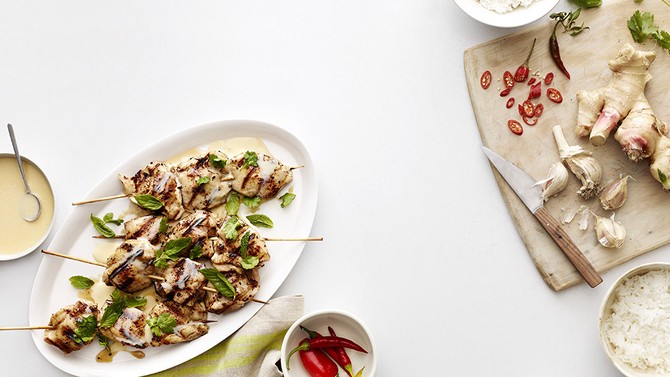 Chicken Satay with Coconut-Lime Sauce and Jasmine Rice
