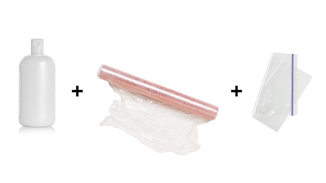 Plastic wrap trick for travel bottles