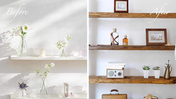 distress wood shelves to look more expensive