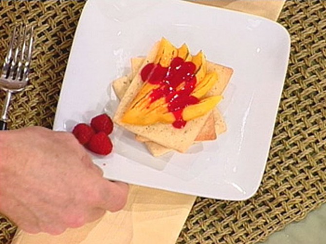 Champagne Mangoes with Raspberry Coulis and Cardamom Shortbread