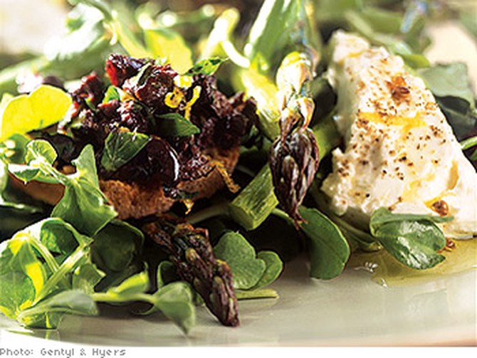 Roasted Asparagus and Goat Cheese Salad with Black Olive Toast