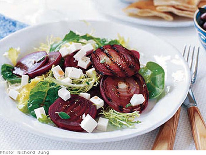 Beet Salad with Grilled Red Onions, Manouri Cheese and Kalamata Vinaigrette