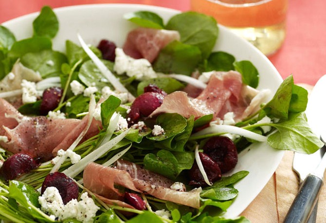 Salad of Spicy Greens, Cherries, Prosciutto, and Goat Cheese