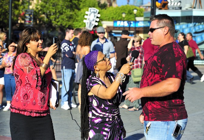 Elizabeth Espinosa and Aunt Flora do an interview on the Universal Citywalk.