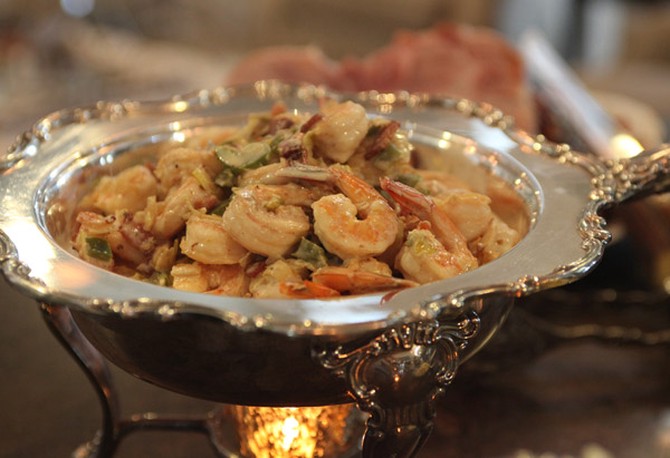 Shrimp in a silver serving dish