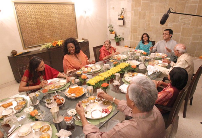 Oprah sits down for her first traditional Indian meal